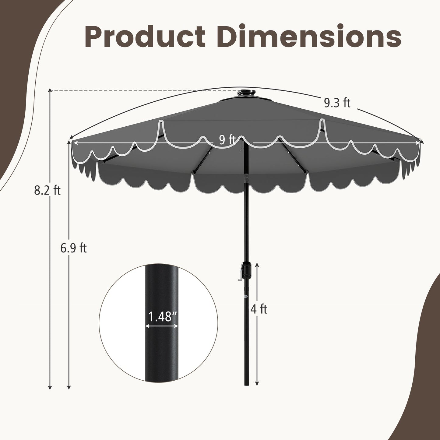 9.3 Feet Solar Patio Umbrella with 24 LED Lights Vented Top and Ruffles-Beige