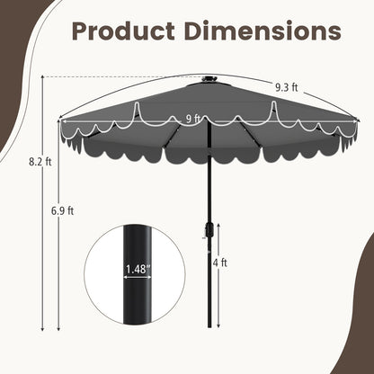 9.3 Feet Solar Patio Umbrella with 24 LED Lights Vented Top and Ruffles-Beige