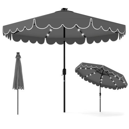 9.3 Feet Solar Patio Umbrella with 24 LED Lights Vented Top and Ruffles-Beige