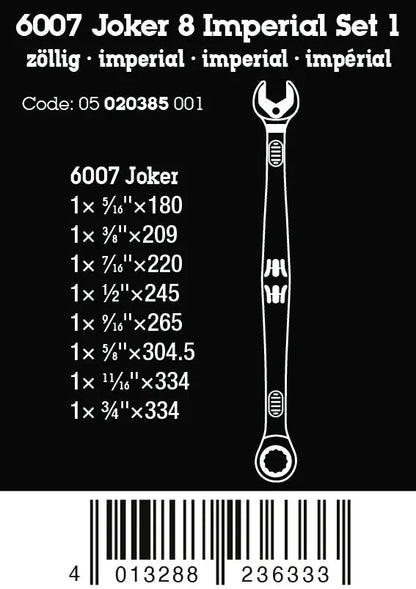 Wera 6007 Joker Imperial 8 Set 1 Ratcheting Combination Wrench Set
