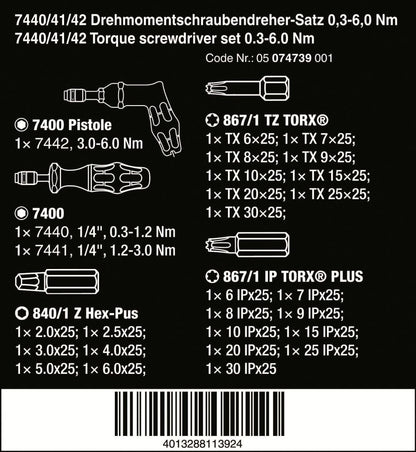 Wera 7440/41/42 Kraftform Torque Screwdriver Set 0.3-6.0 Nm Metric 05074739001