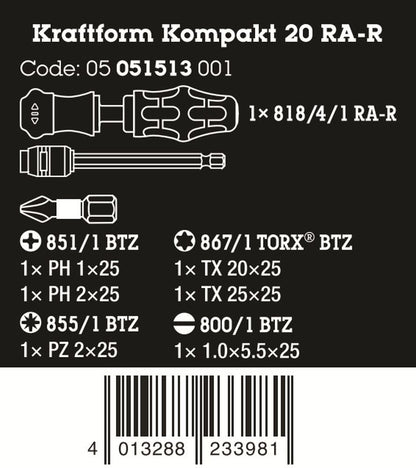 Wera Kraftform Kompakt 20 RA-R Ratcheting Screwdriver Set 6 Pieces 05051513001
