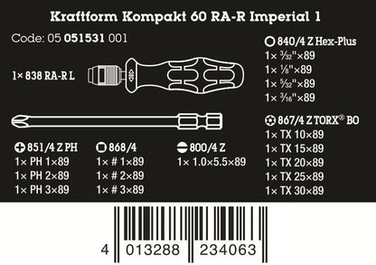 Wera Kraftform Kompakt 60 RA-R Imperial 1 Ratcheting Screwdriver Set 05051531001