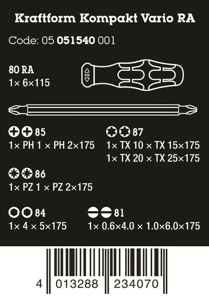 Wera Kraftform Kompakt Vario RA Ratcheting Screwdriver Set Metric 05051540001